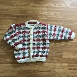 Handmade Kids Button-Up Sweater Whimsical Waves Design Cozy Wool & Acrylic Sm